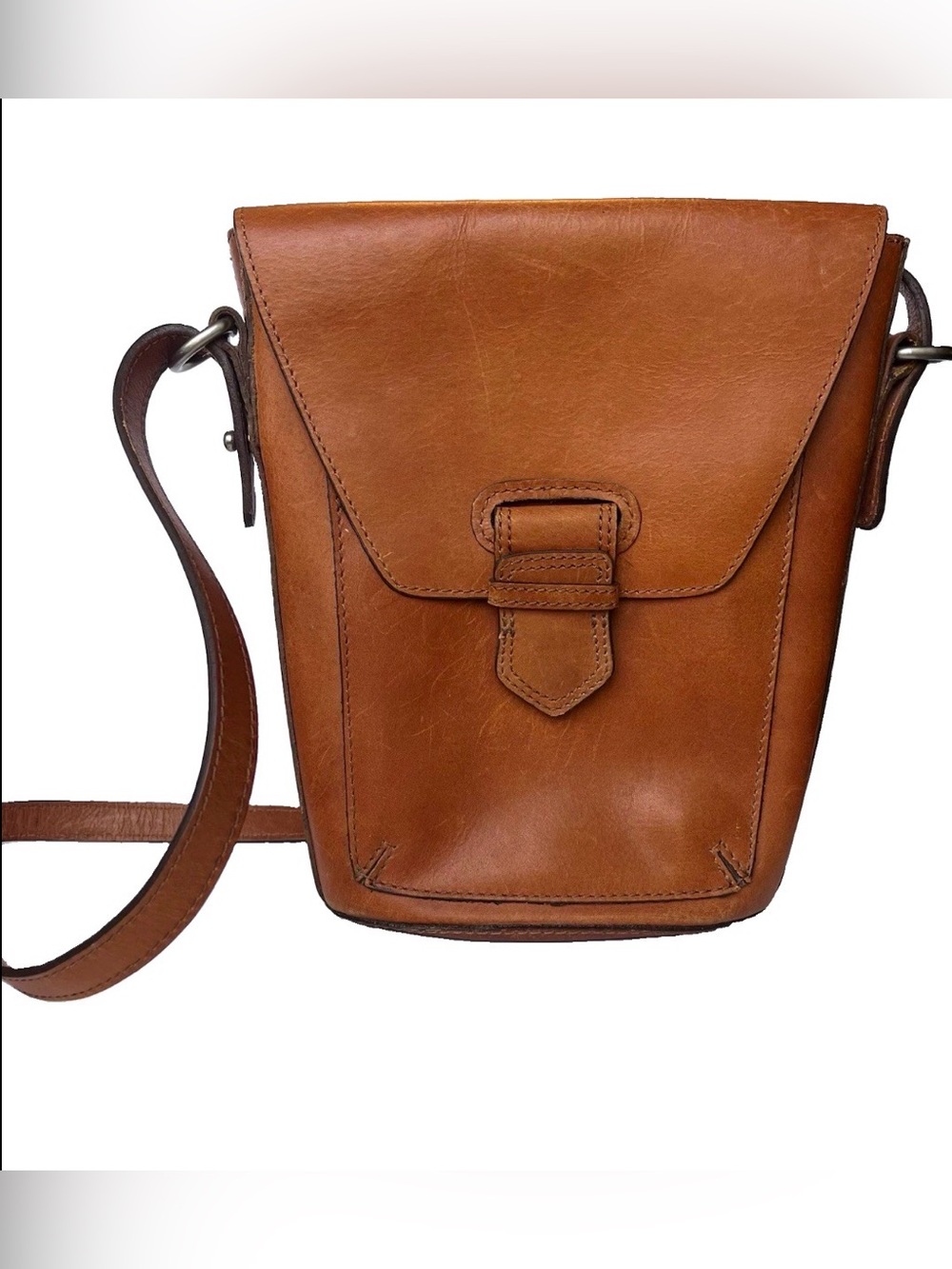 ZARA BASIC Genuine Leather Cognac Brown Crossbody Satchel Bag Boho
